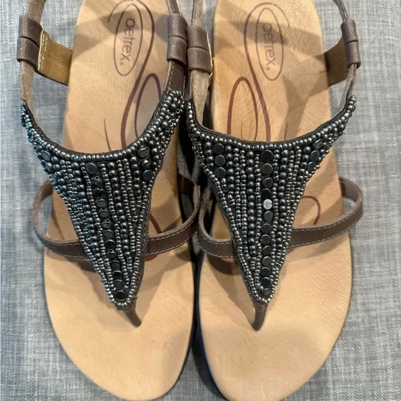 Aetrex Sheila Beaded Leather Sandal Stone Women's Size 39 US 8.5 NEW in box - Picture 8 of 11